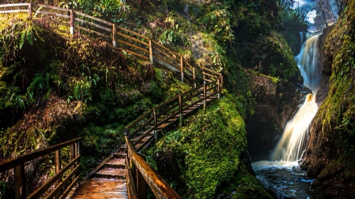 The wooden Waterfall Walkway winding past falls in the Glenariff gorge