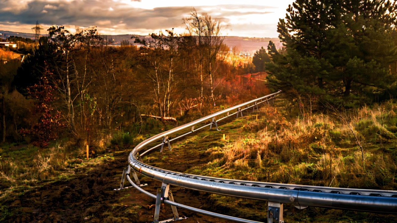 The alpine coaster track curving down through trees and autumn scrub at Colin Glen