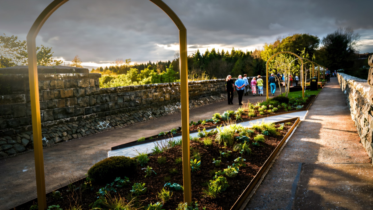 The restored Randalstown viaduct, now a landscaped greenway crossing