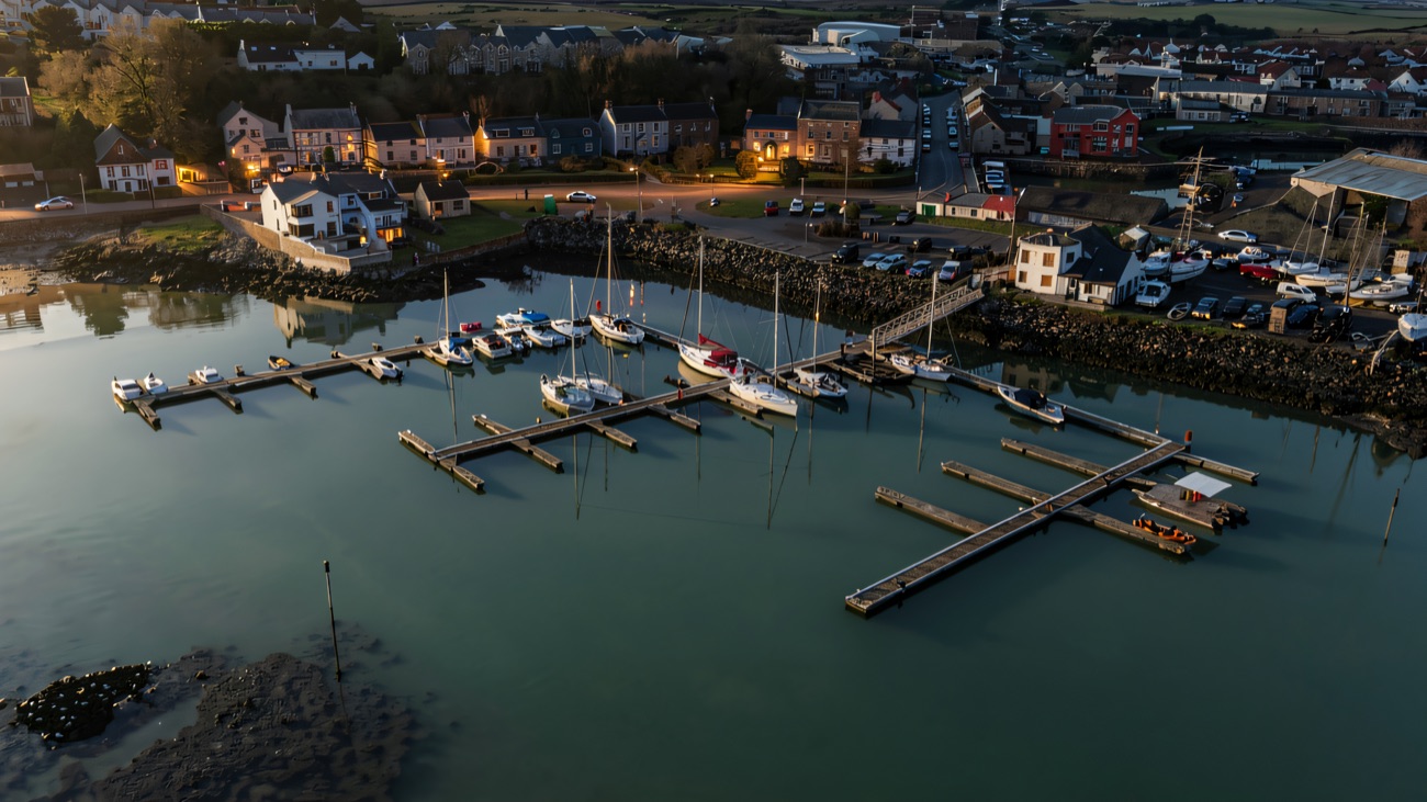 The pontoons and village from above, boats tucked in tight