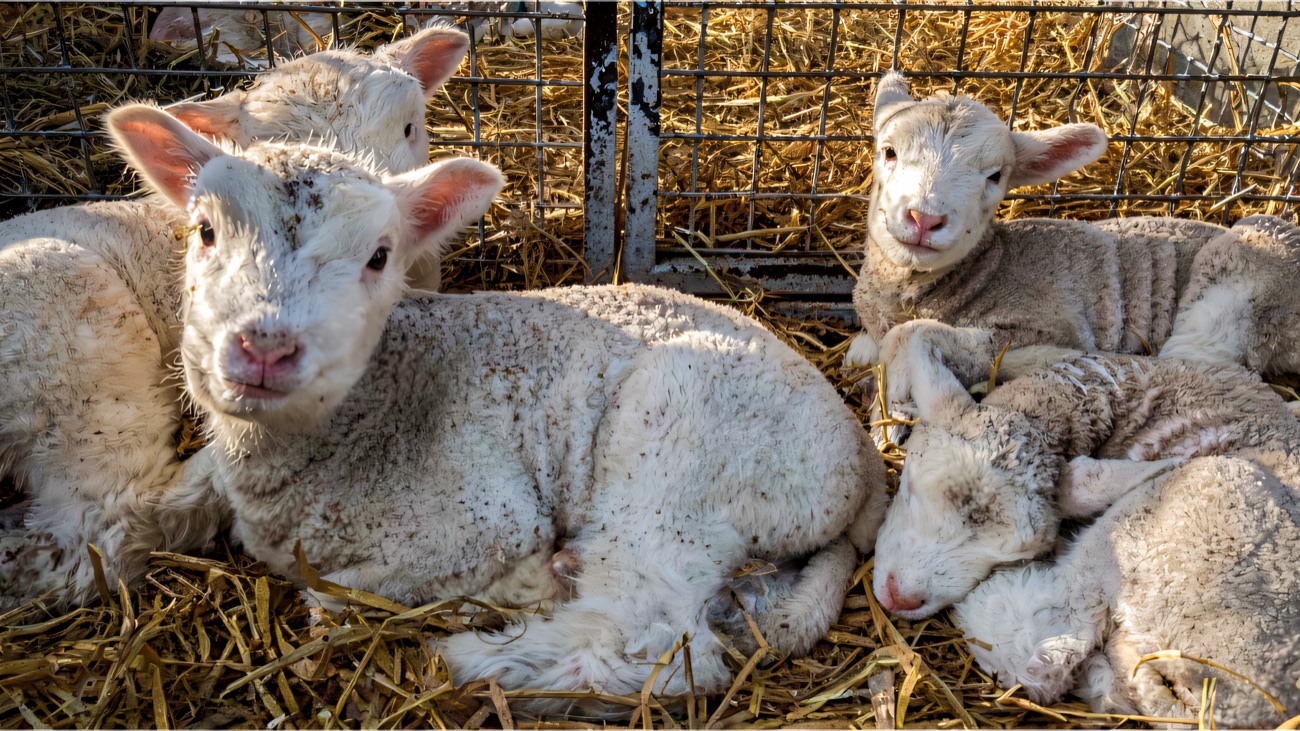 Four newborn lambs resting together on straw in the animal barn