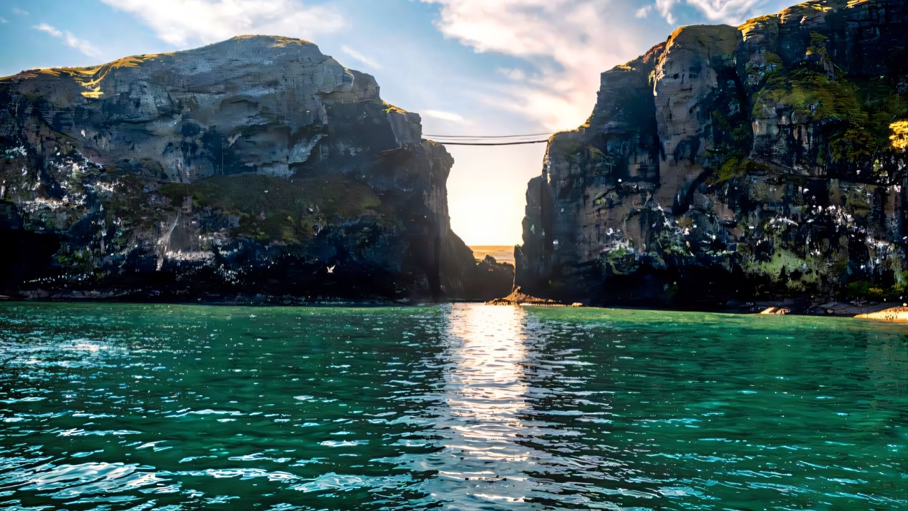 Jade-green water fills a narrow channel between towering seabird cliffs