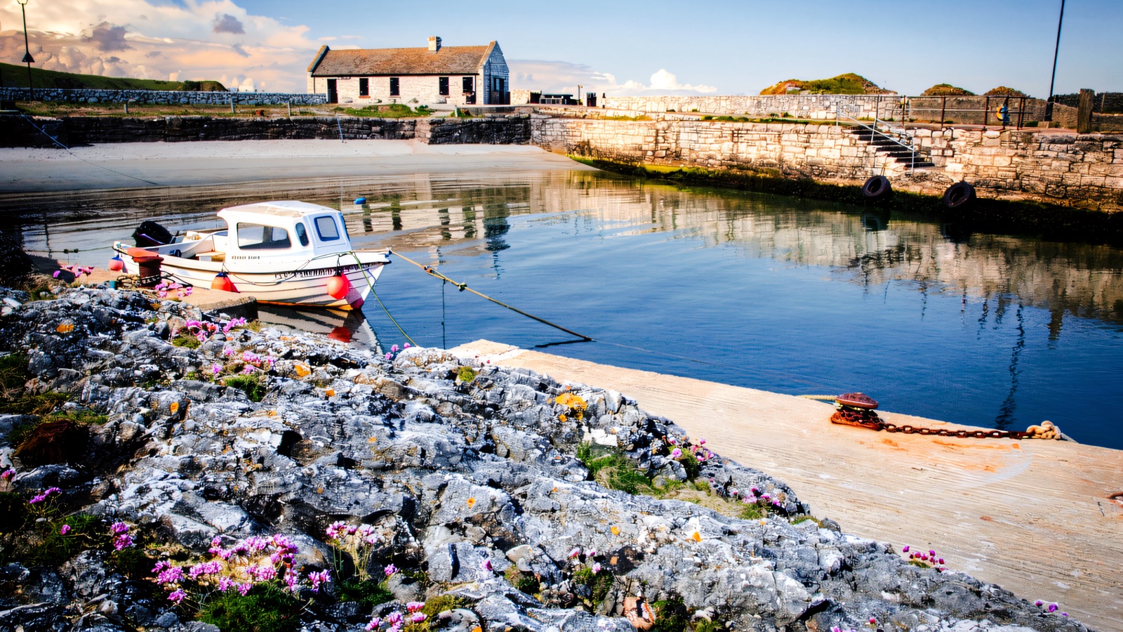 The small harbour at Ballintoy with a moored boat, a whitewashed harbour building and rocks dotted with pink sea-thrift under a blue sky