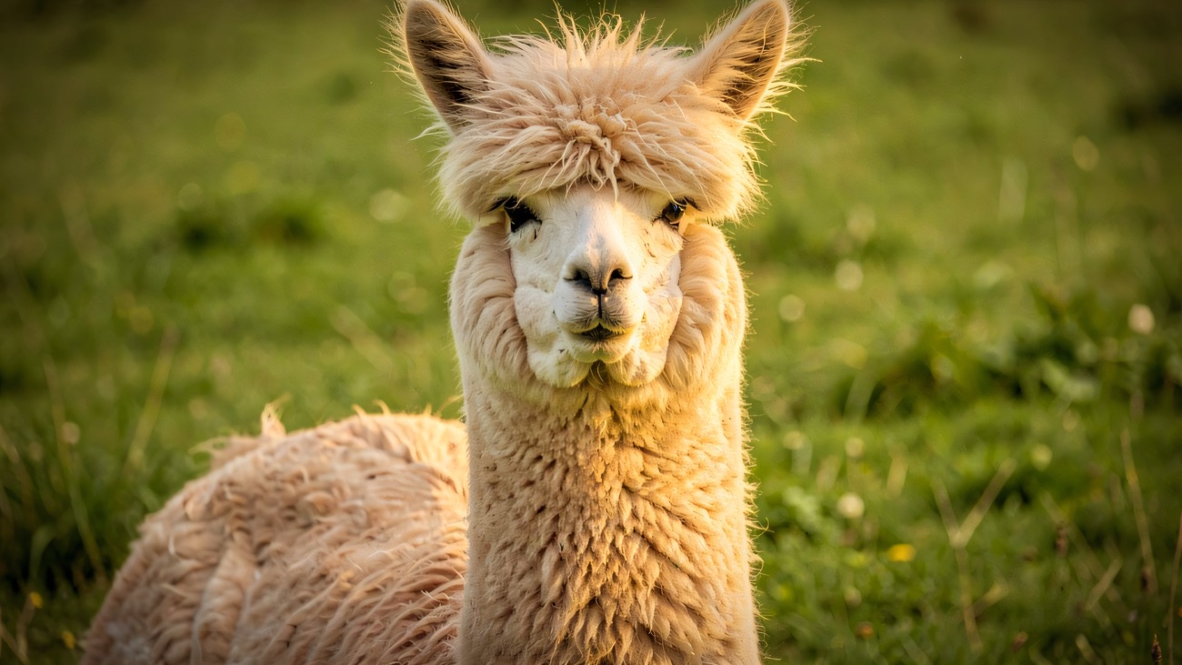 Close-up of a fluffy cream alpaca standing in a green field