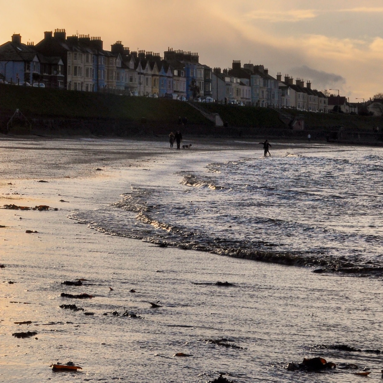 Golden evening light over Ballyholme Beach with gentle waves on the sand and the colourful terraced seafront houses of Bangor behind the promenade