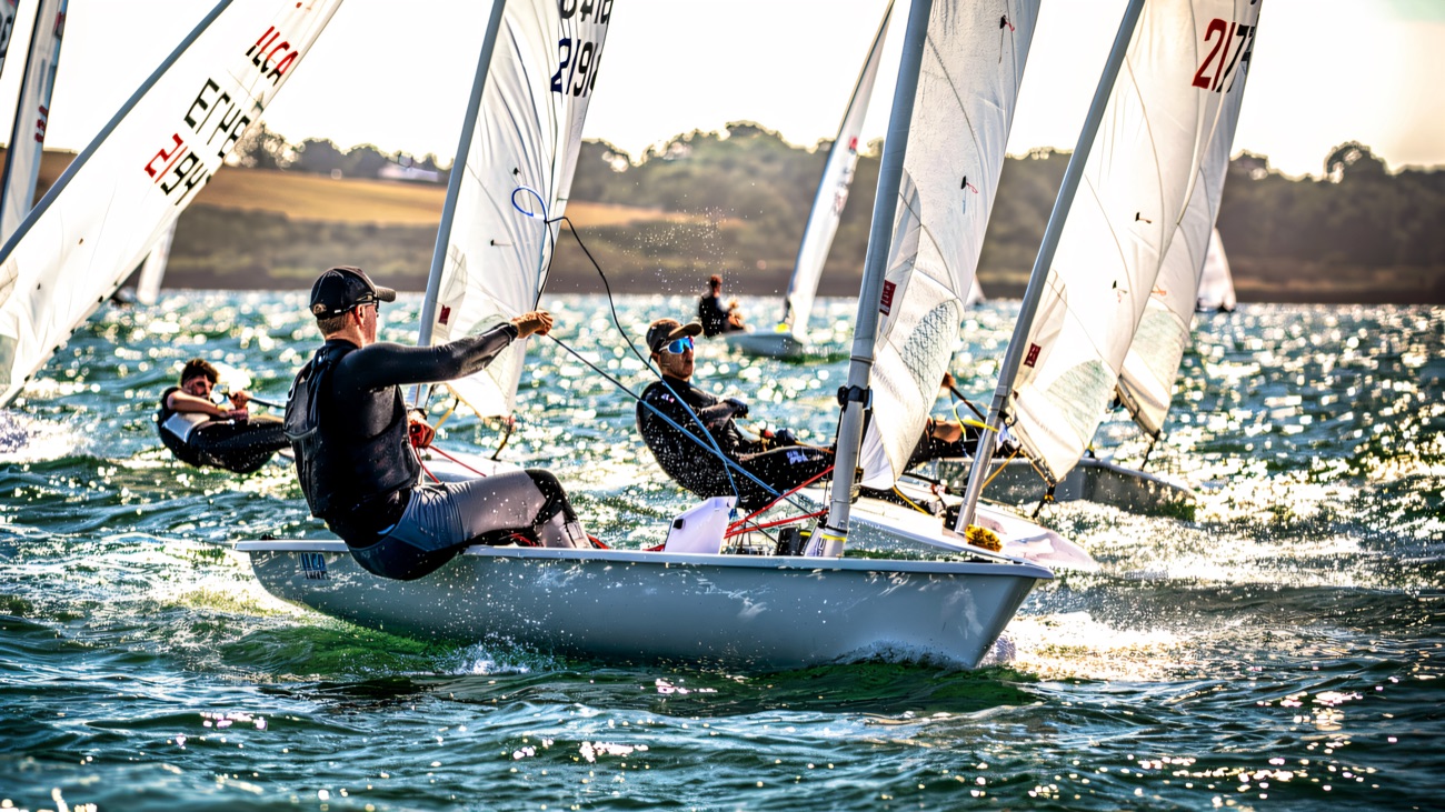 Lasers packed together at the start, spray flying off the bows