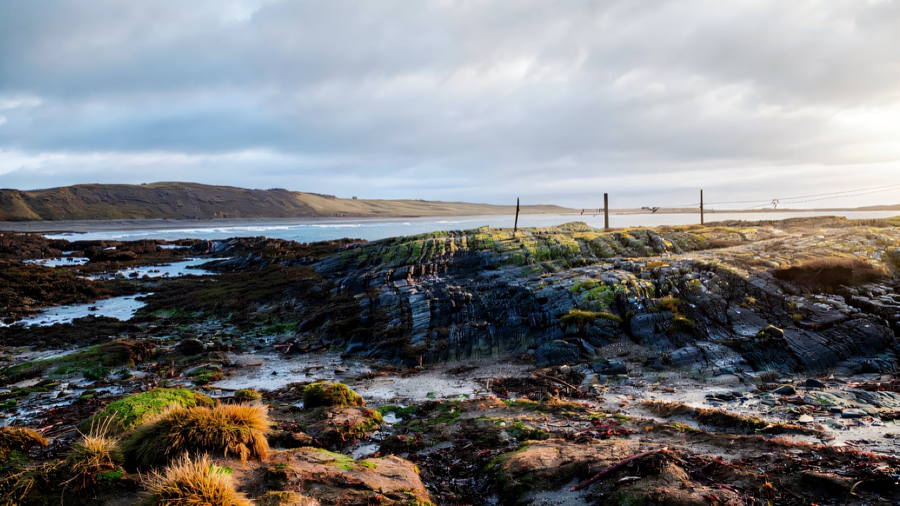 Ridged rock shelf at low tide leading out towards the sand