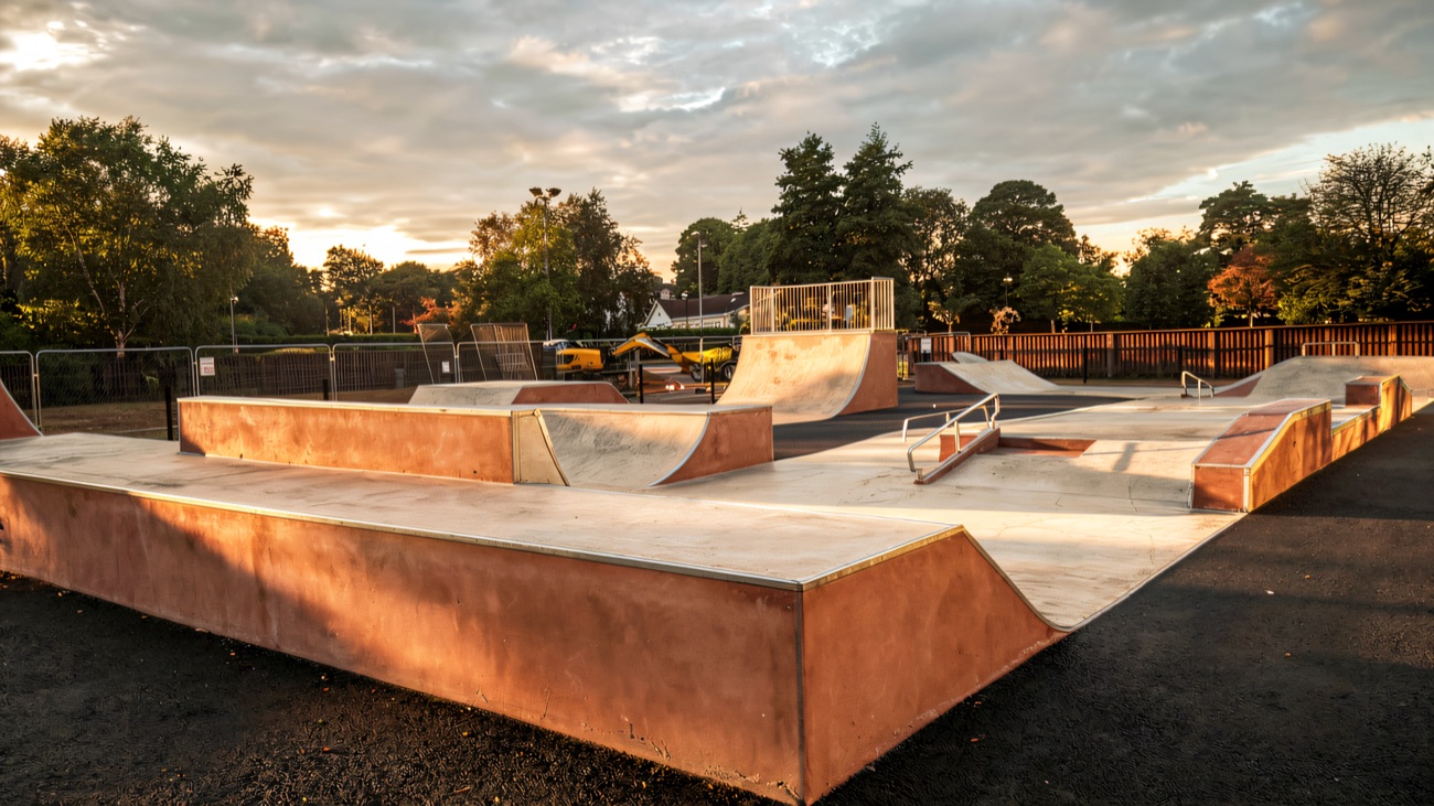 The wider skate park with its banks, rails and quarter pipes