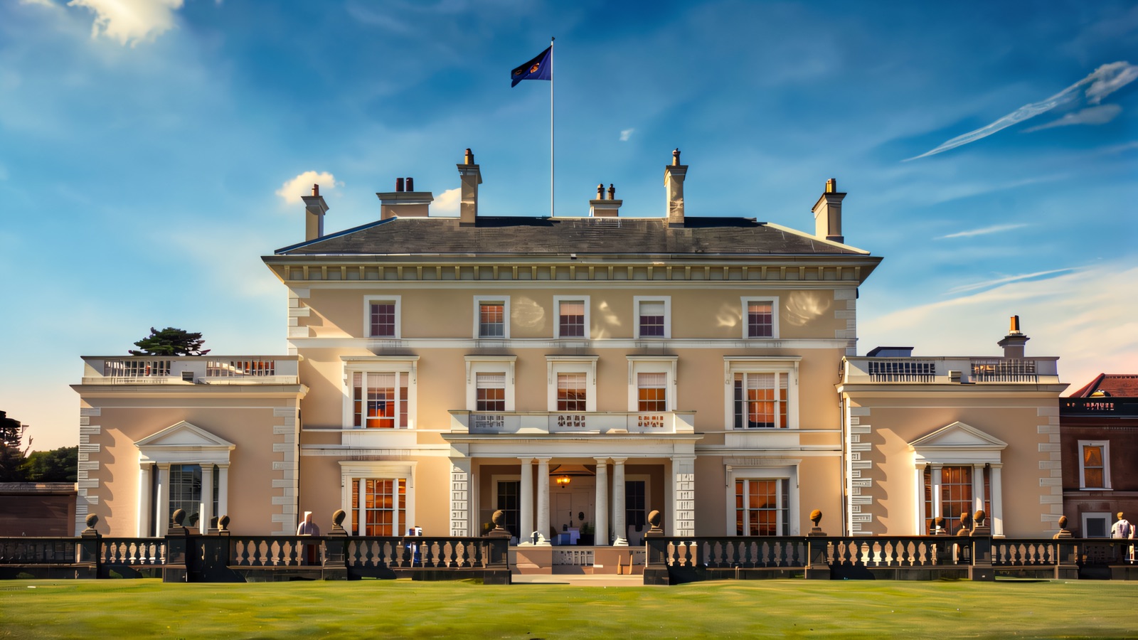 The Italianate front of Ballywalter Park, a cream stucco mansion with a balustraded terrace above green lawn