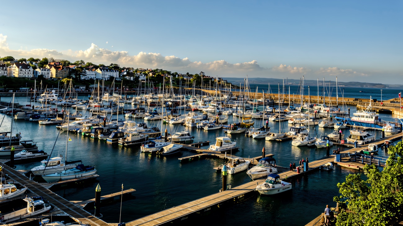 The marina packed with boats on a bright day, the town rising behind
