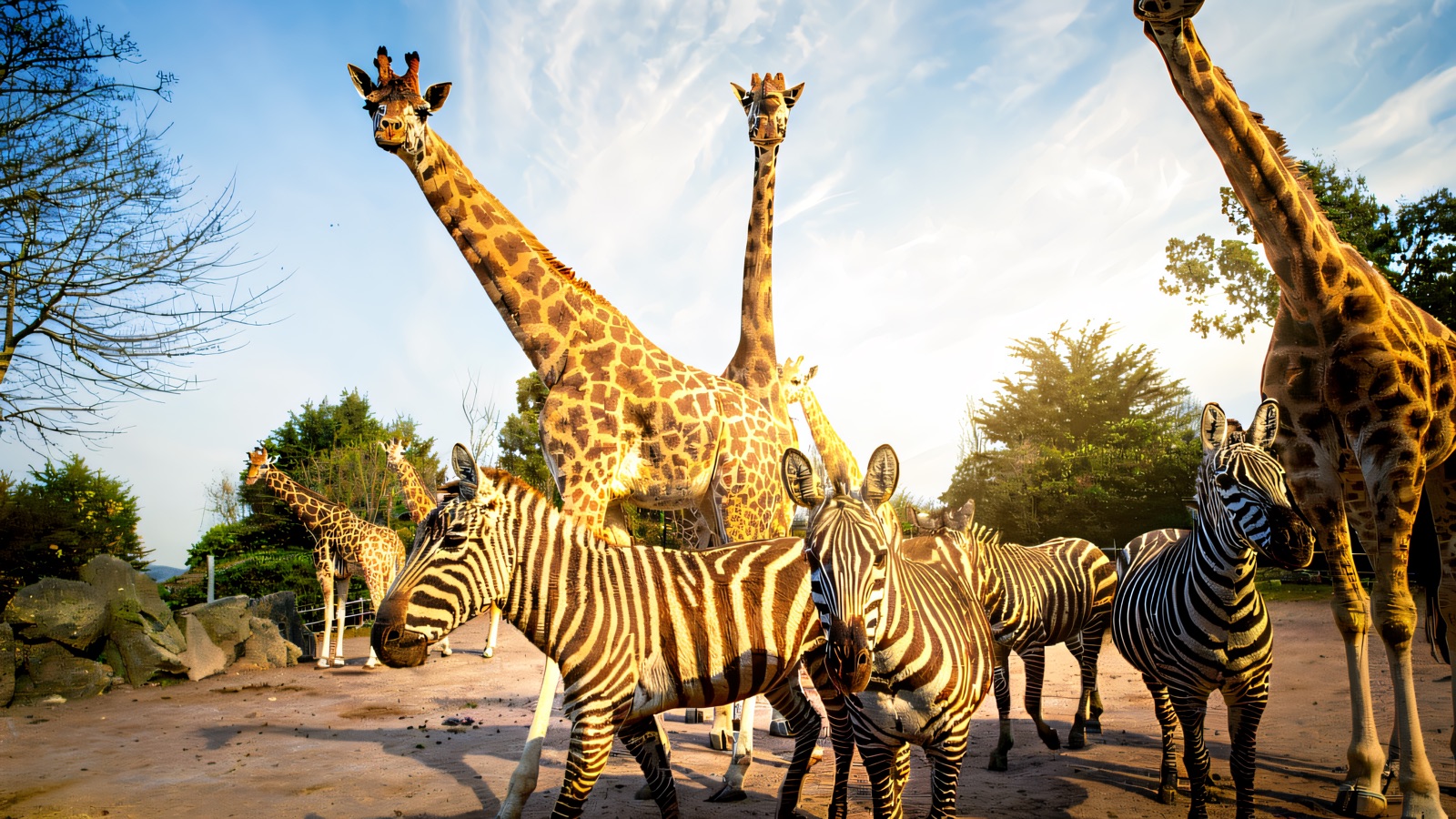 Giraffes and zebras sharing the African plains paddock at Belfast Zoo