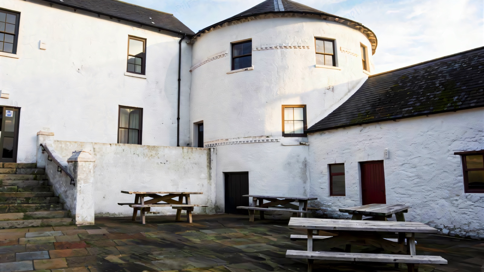 Bellaghy Bawn — the whitewashed round flanker tower with its conical roof rising over the cobbled courtyard