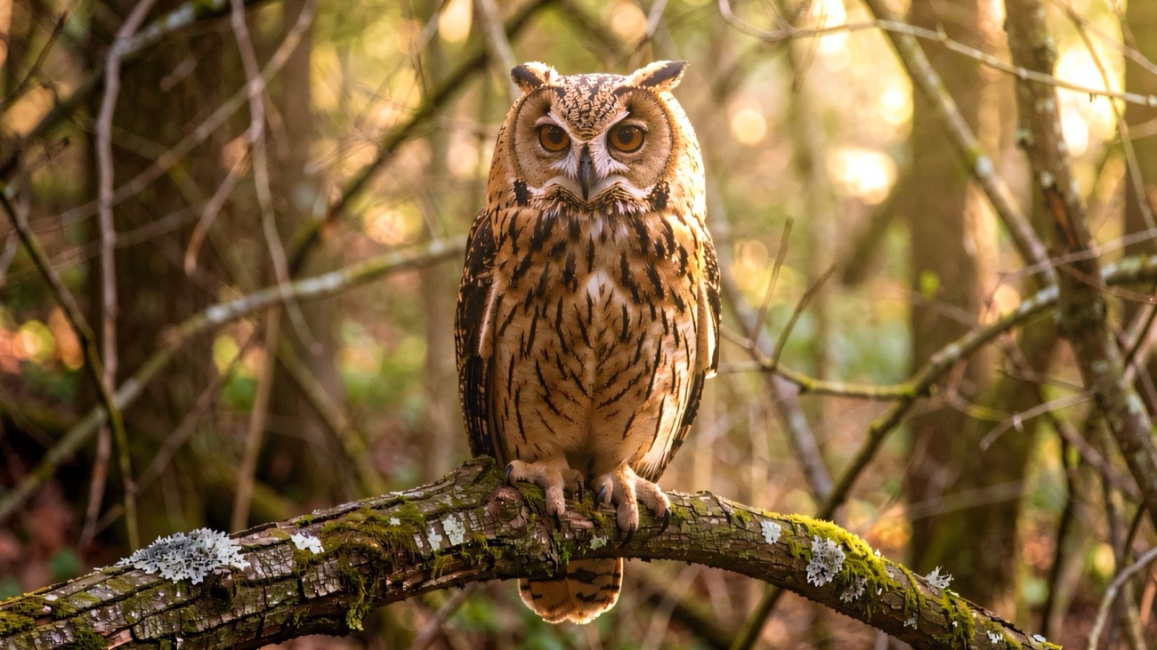 An owl perched on a mossy branch in the woodland at World of Owls, Randalstown