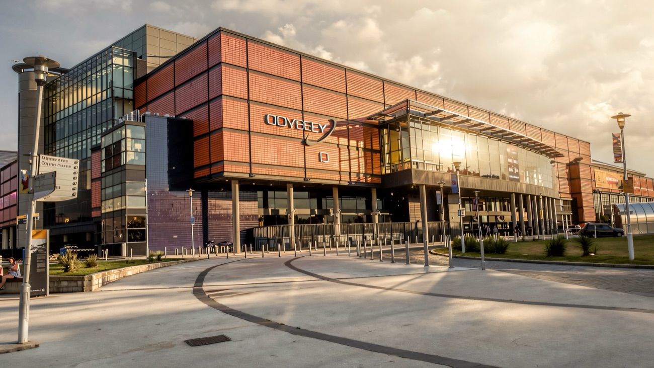 The Odyssey building in Belfast, home of W5, glowing in evening light