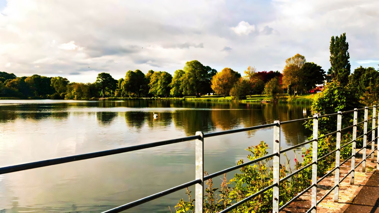 The lake at Lurgan Park with a swan on still water, a railed path and green parkland beyond