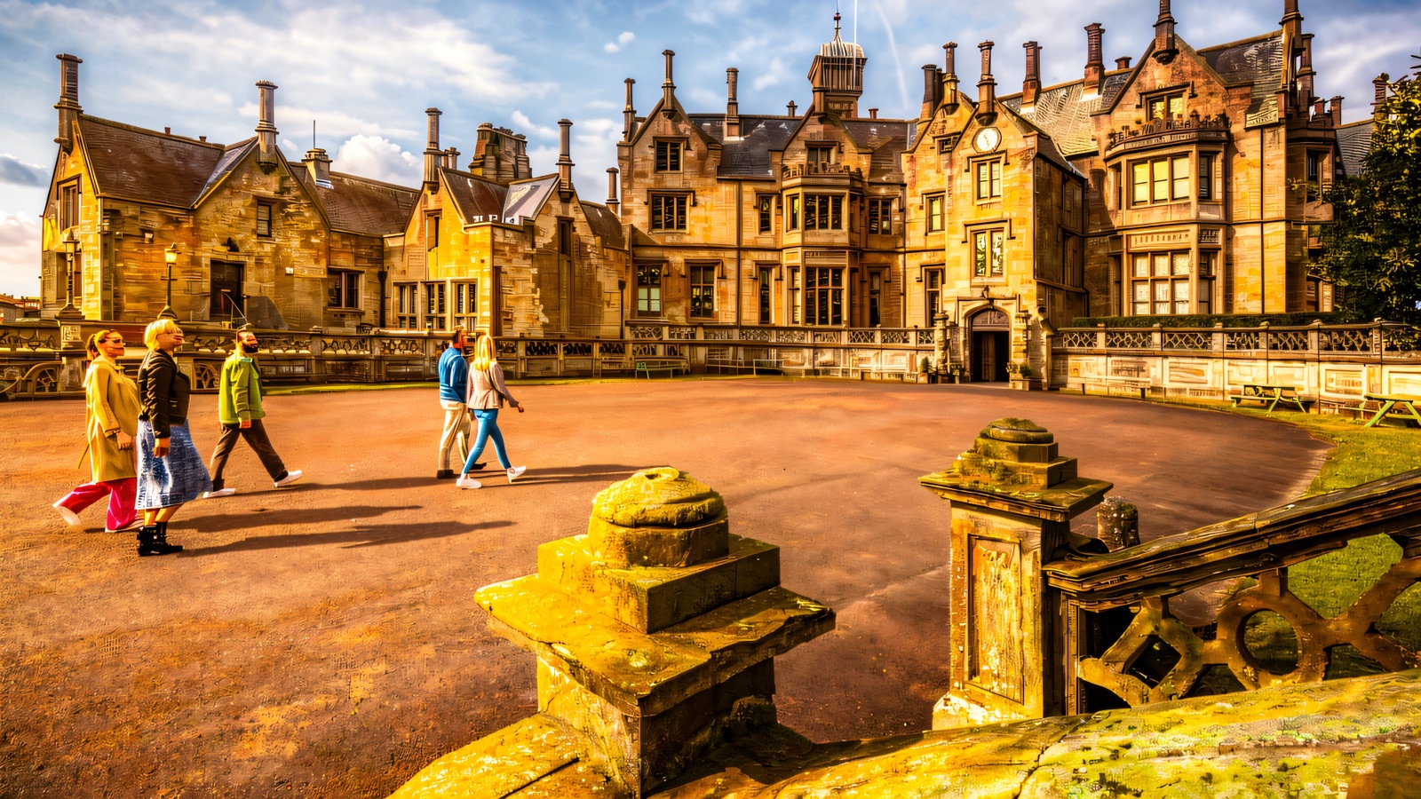 The pale sandstone front of Brownlow House with its turrets, gables and tall chimneys under a bright sky