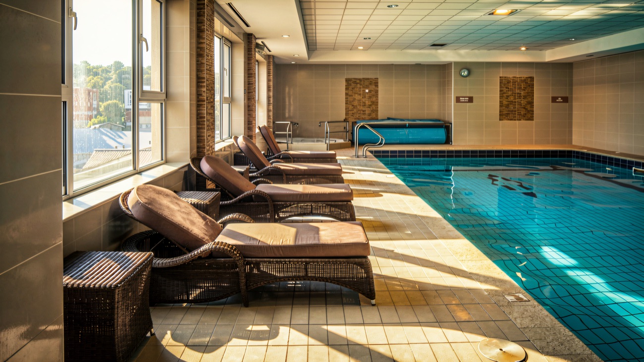 Poolside loungers line the tall windows beside the pool, with a view out over the town.