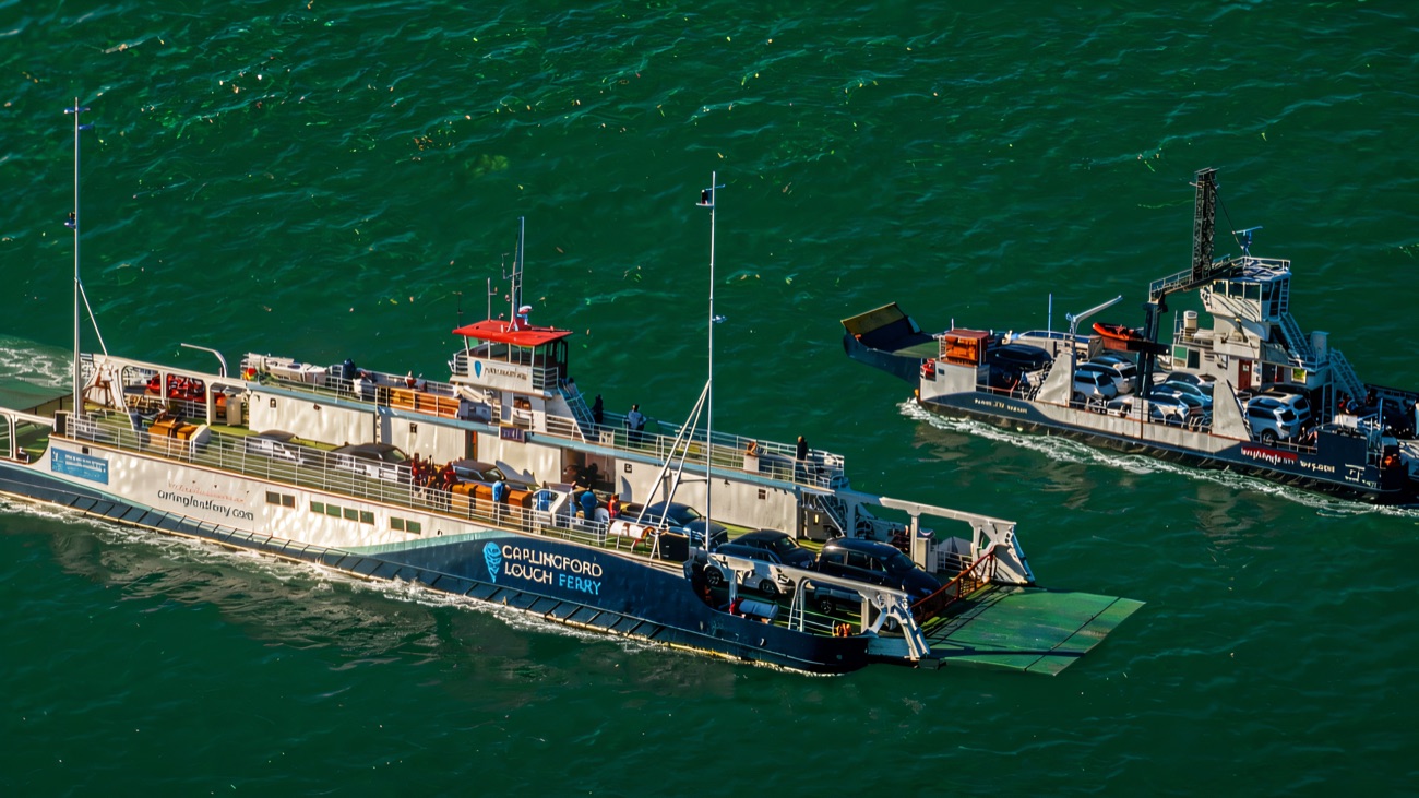 Both Carlingford Lough Ferry vessels crossing the emerald waters of the lough.