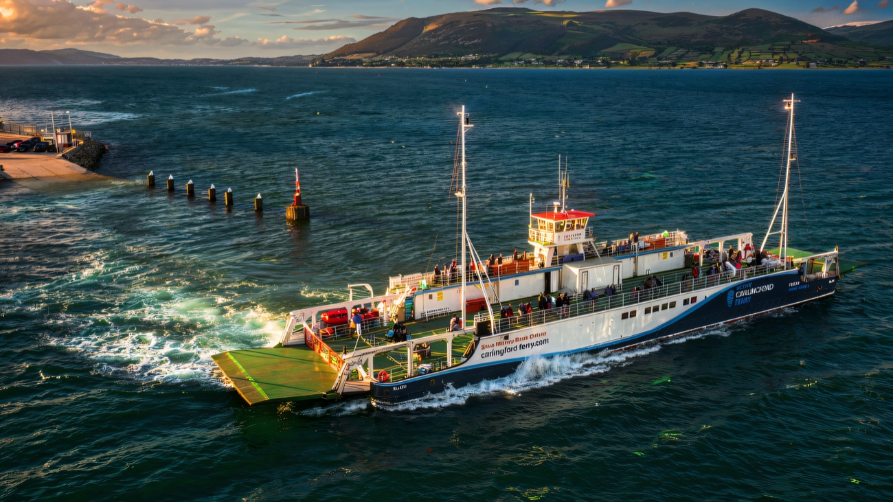 The ferry underway with the Cooley Mountains rising behind.