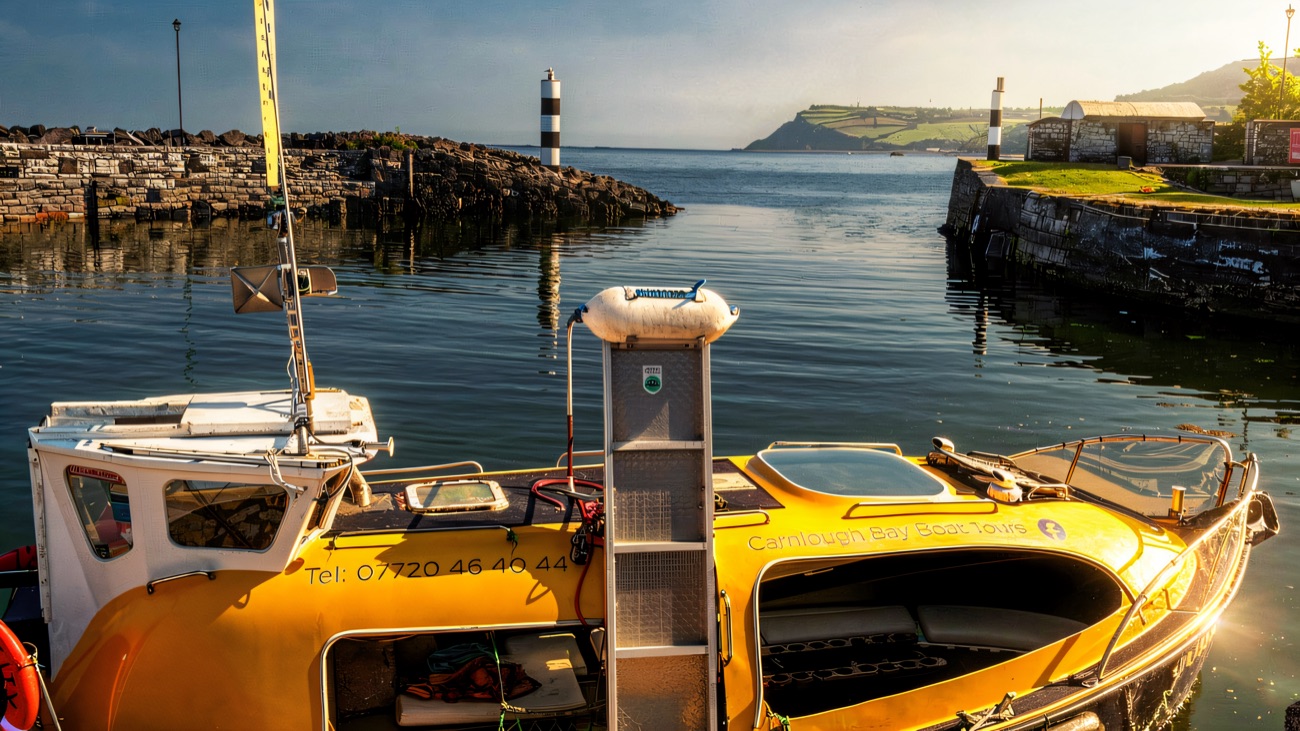 The Carnlough Bay Boat Tours boat moored at the old stone quay