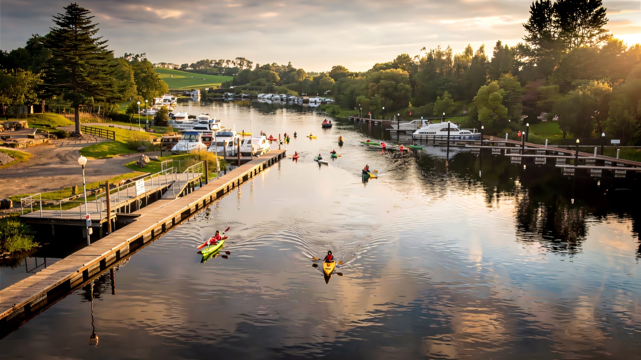 The Carrybridge waterway on Upper Lough Erne, boats moored as kayakers pass through.