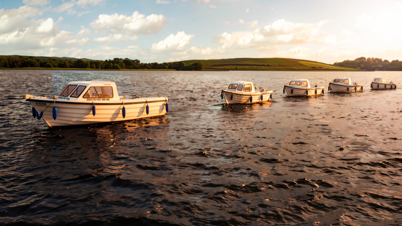 The hire boats moored in a line out on Lough Erne