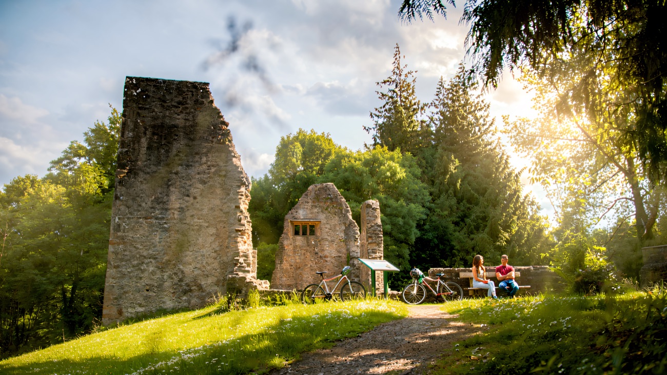 Bikes resting at the old castle ruins along the route
