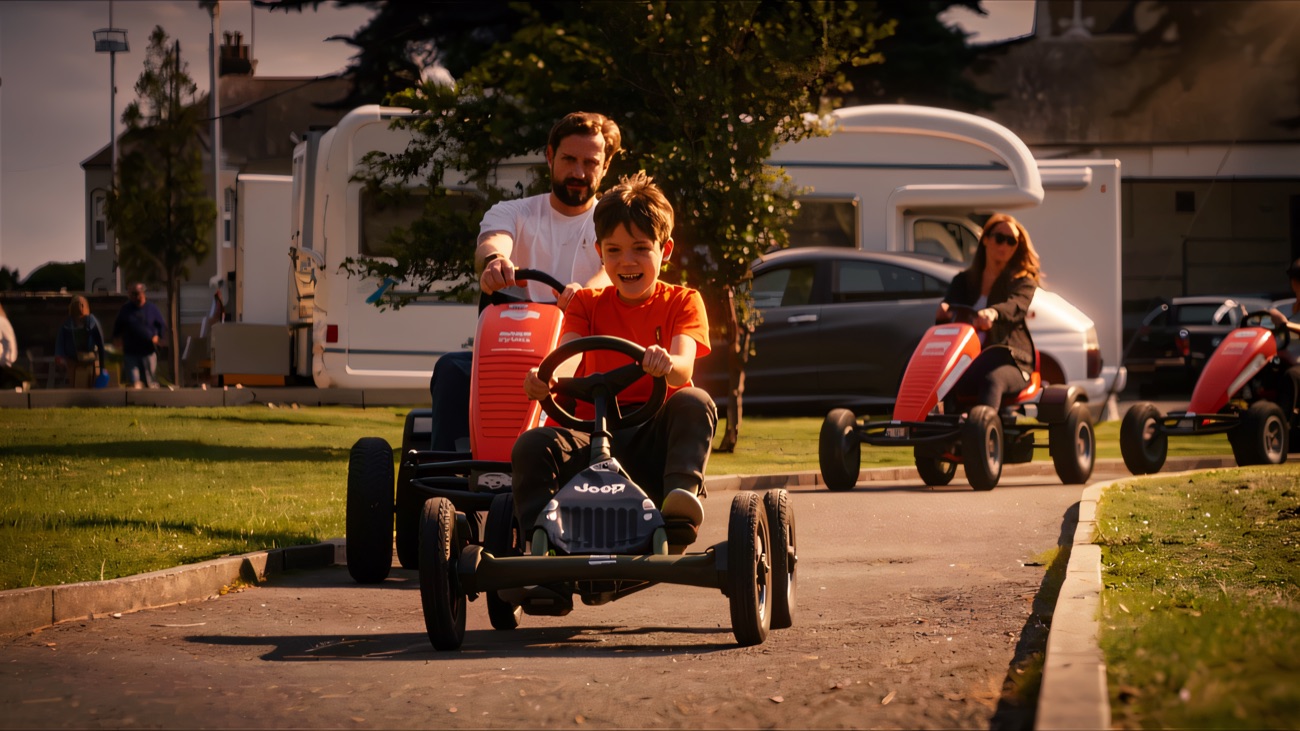 Pedal go-karts racing along the seafront track with the caravan park behind