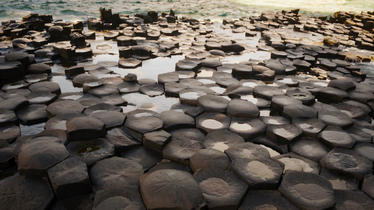 Wet basalt stones at the water's edge