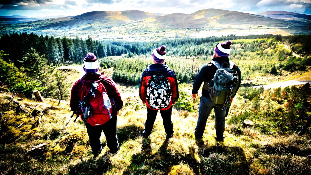 Walkers pausing to take in the forested valley below