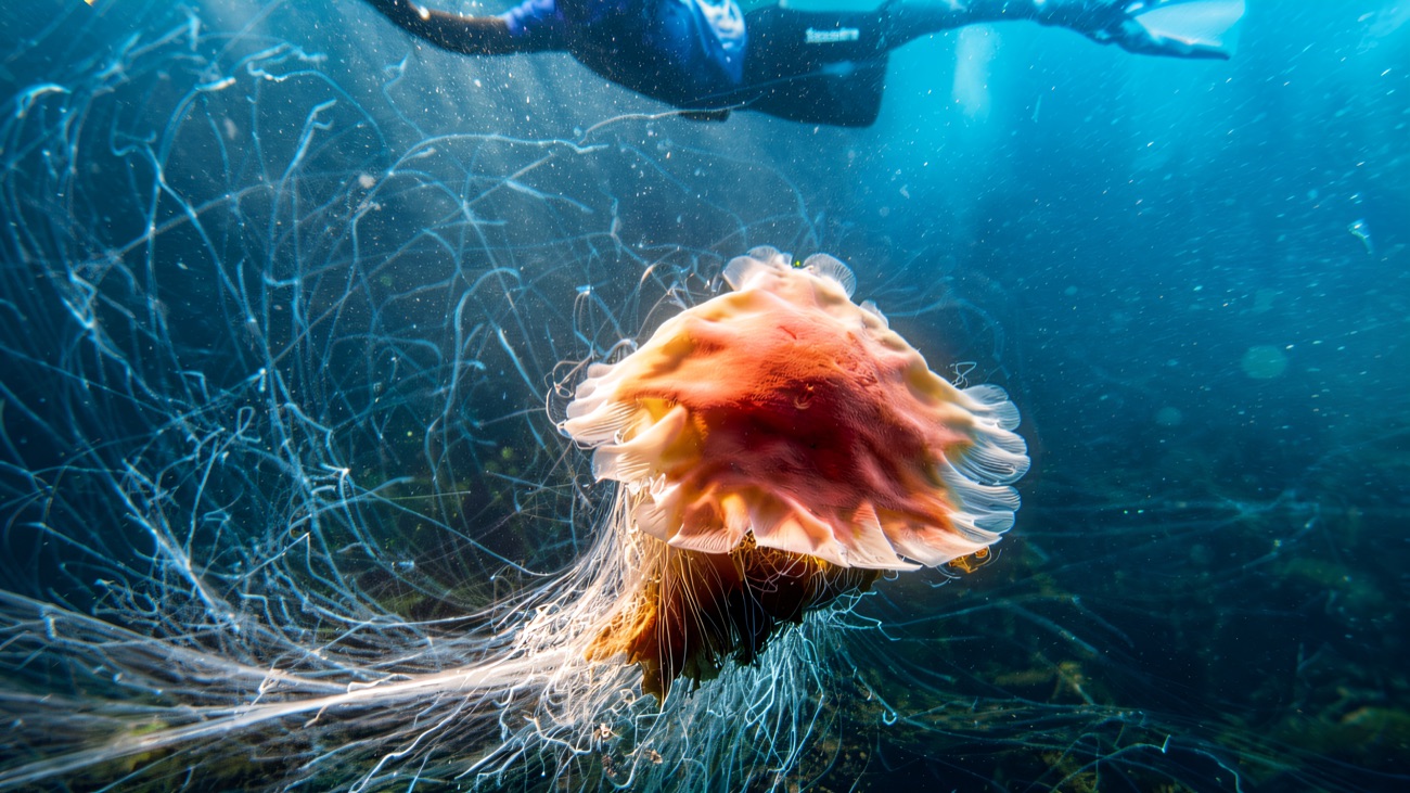 A lion's mane jellyfish trailing long tentacles, a snorkeller silhouetted at the surface above