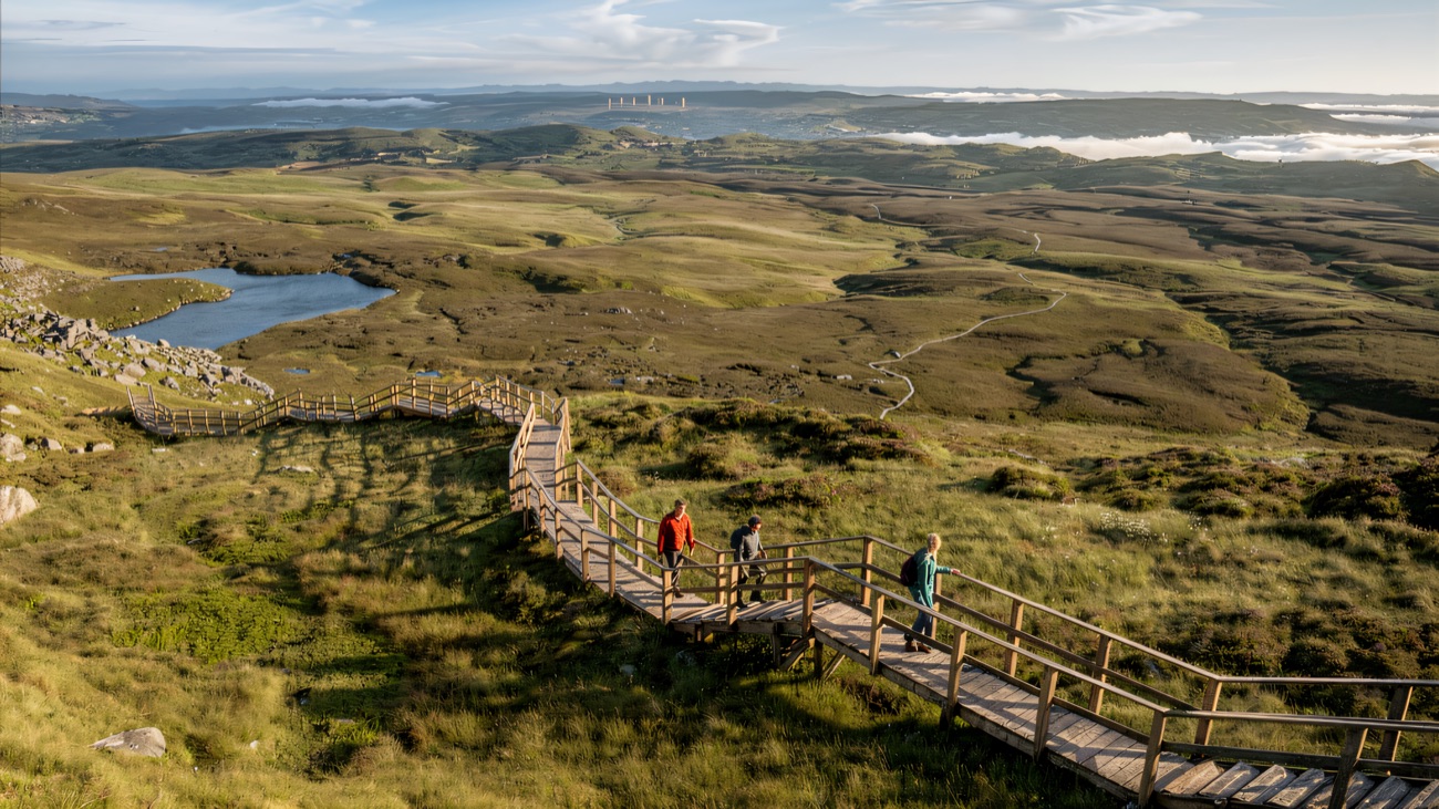 The boardwalk zigzagging across the bog past a mountain lough