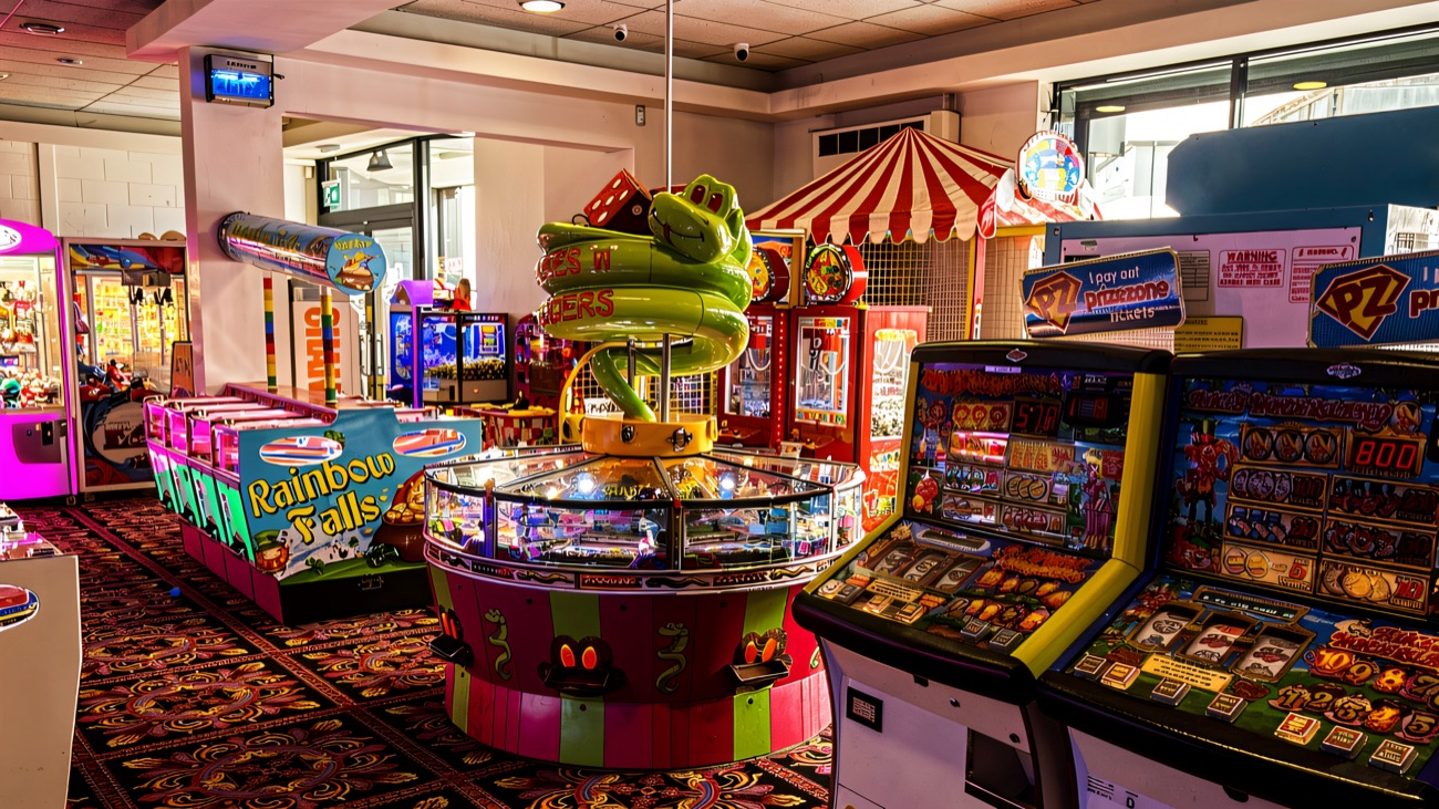 The bright indoor arcade at Curry's Fun Park with ticket games, slot machines and a snake-themed prize wheel
