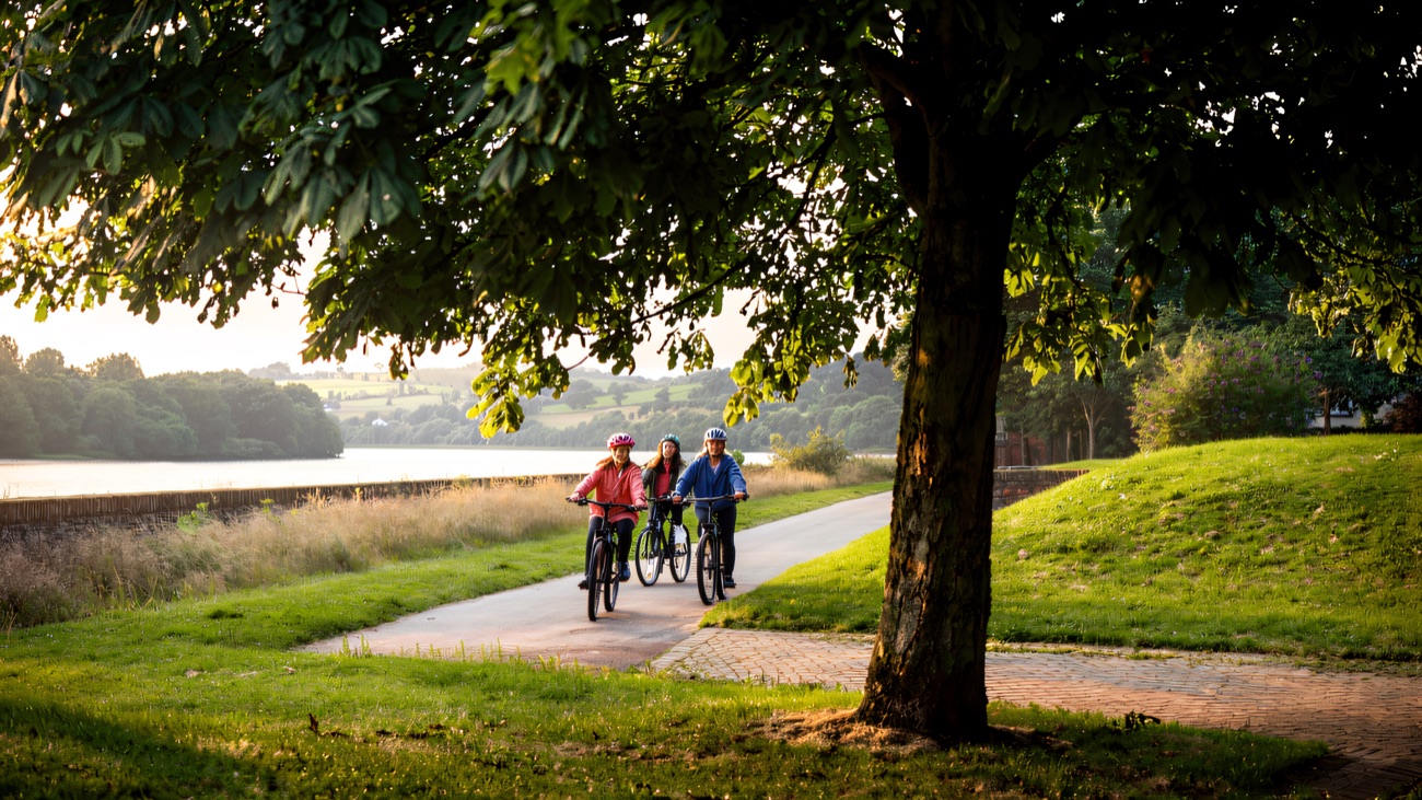 A family freewheeling past the lough under a spreading chestnut tree