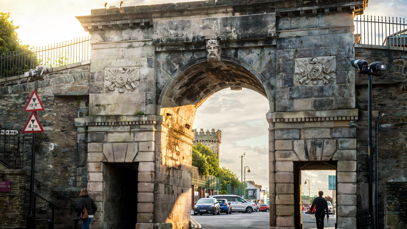 Bishop's Gate, an ornate stone archway through the old city walls