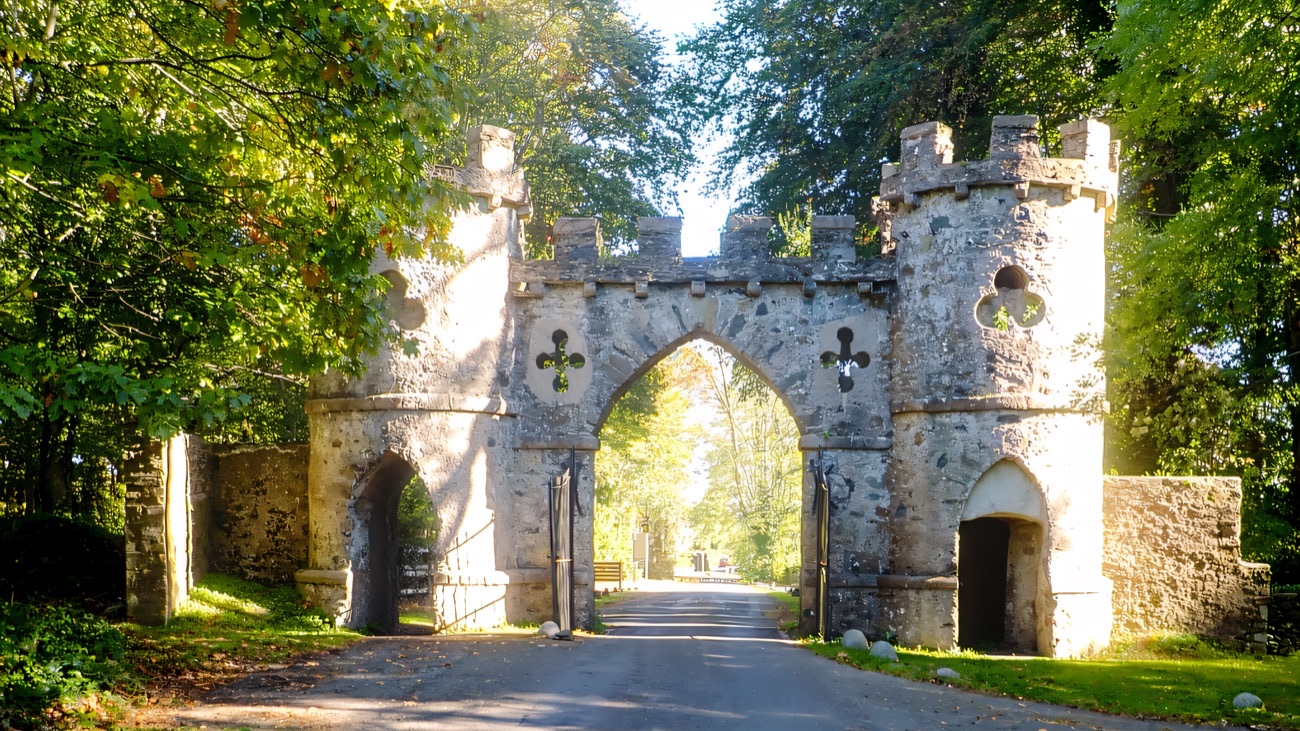 The castellated gothic Barbican gateway at the entrance to Tollymore Forest Park