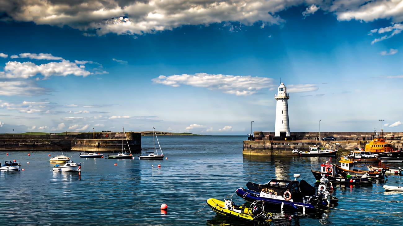 A bright, calm day in the harbour with the lighthouse and lifeboat beyond the boats.