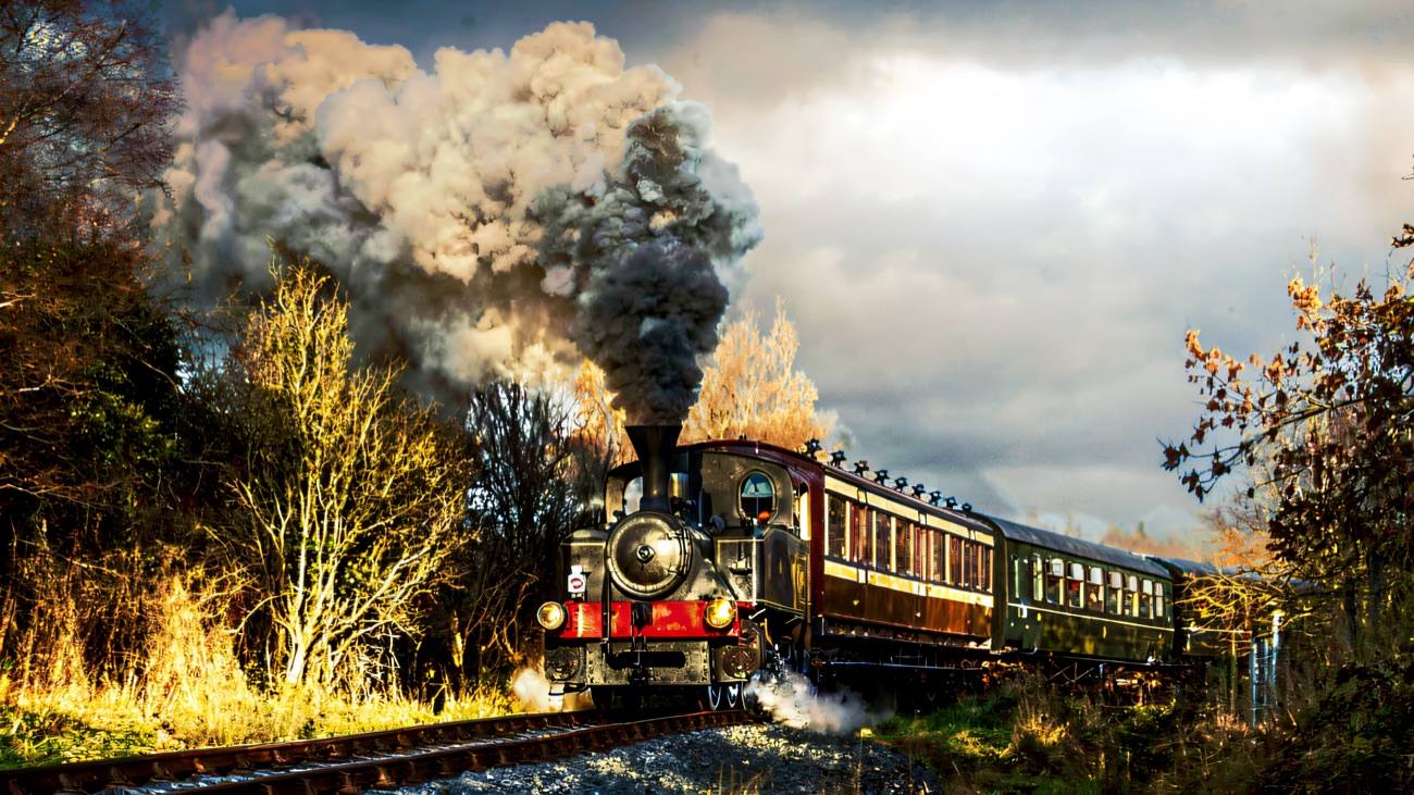 A working steam engine throwing up a tall plume as it runs through the County Down countryside.