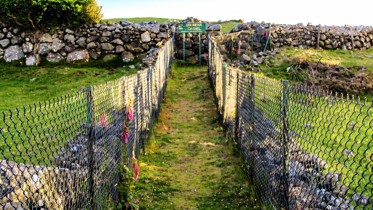 The fenced path leading up to the cashel across the Mourne foothills.