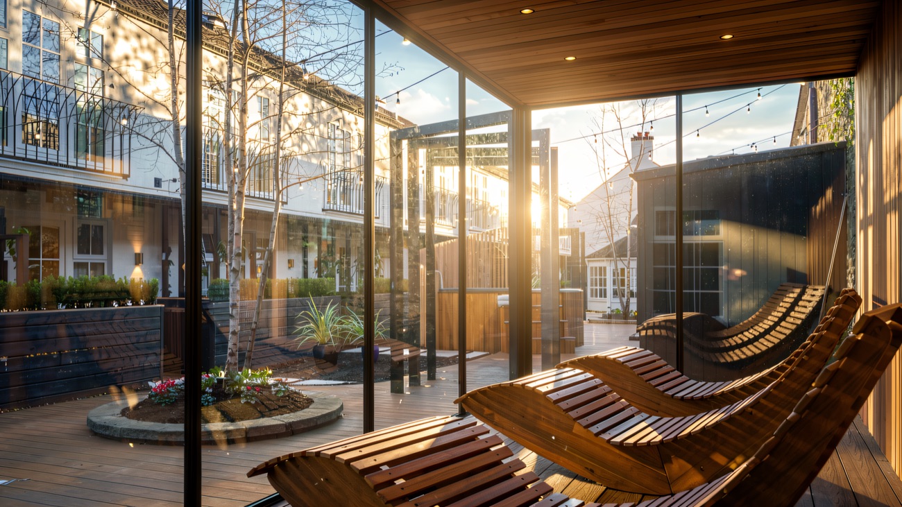 Wooden loungers in the spa garden's glass-house lounge, looking onto the planted courtyard.