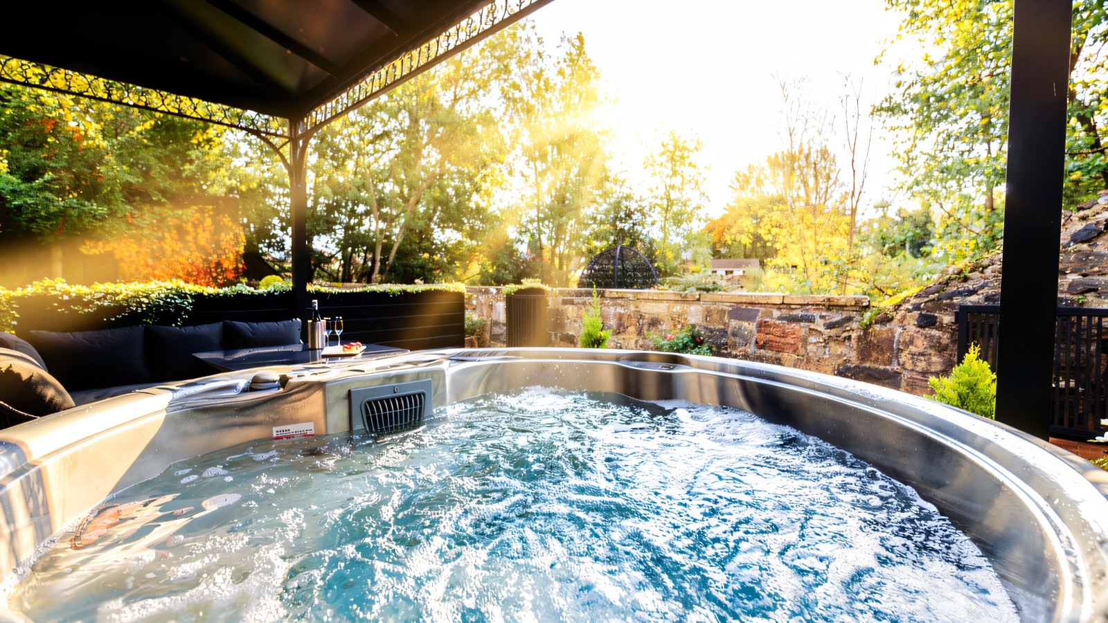A steaming outdoor hot tub in the Dunadry's spa garden, looking out over autumn trees and a stone wall.