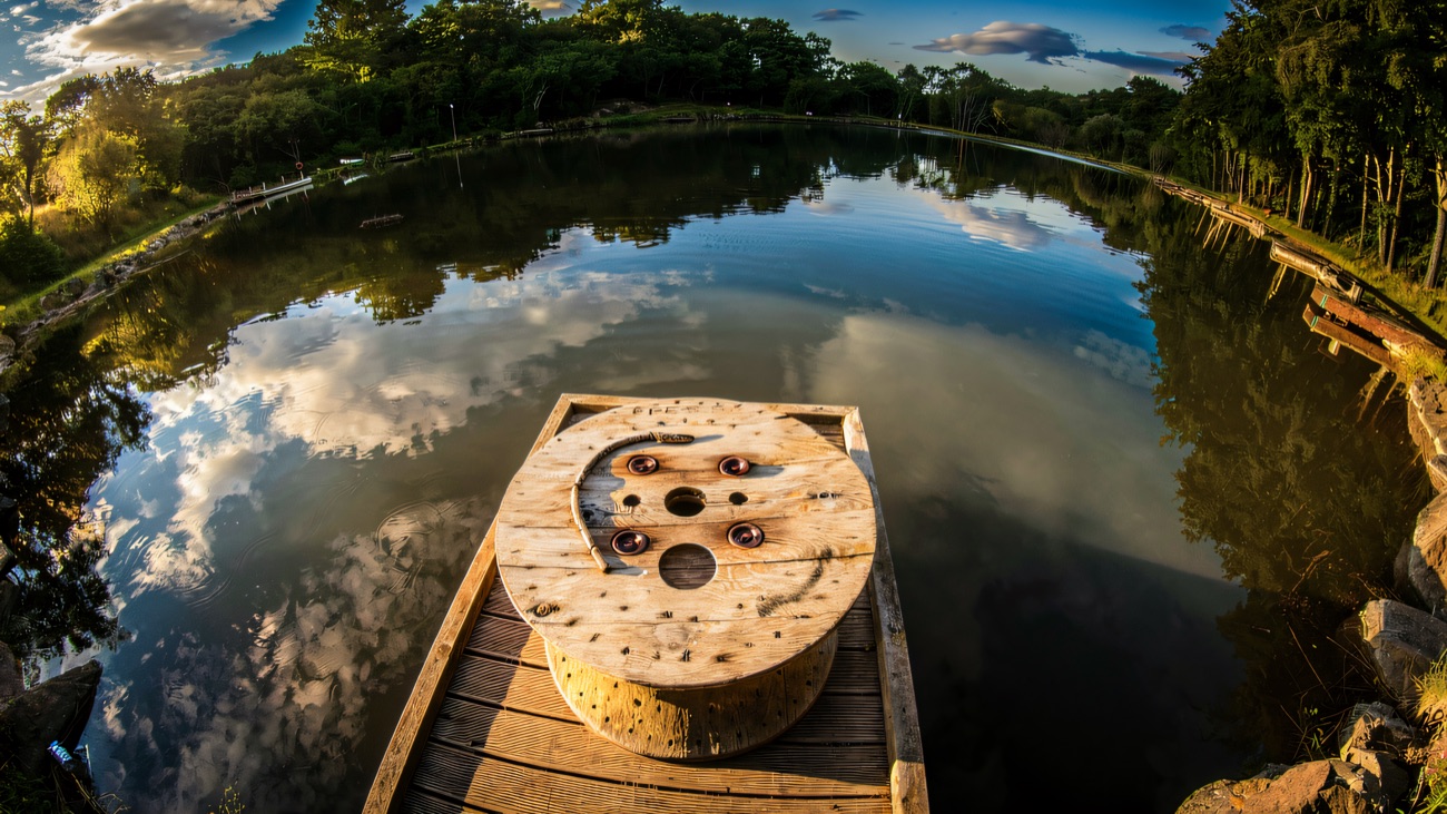 The lake seen from a timber casting platform under a big blue sky