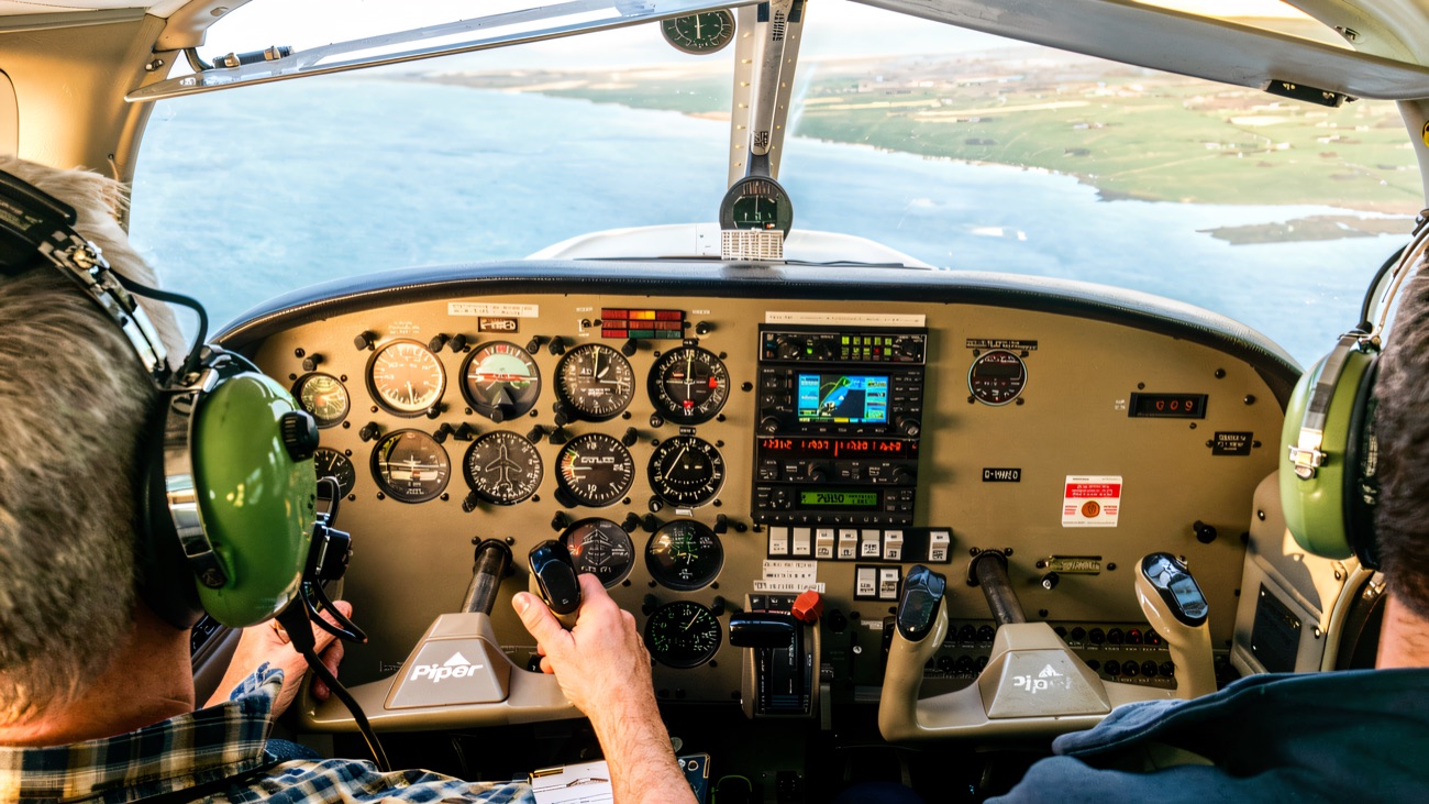 The view from inside a light aircraft cockpit, with the instrument panel in front and the coastline stretching ahead