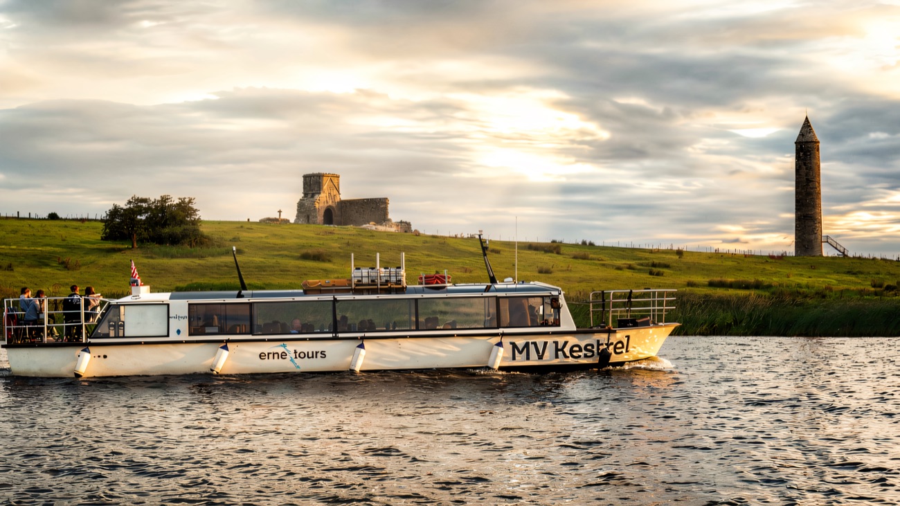 Passing Devenish Island with its ancient round tower and monastic ruins