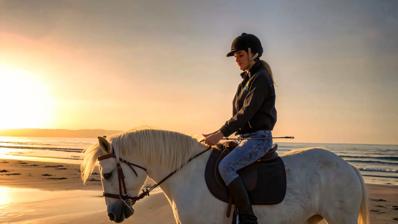 A rider heading along the sand at golden hour on a beach hack