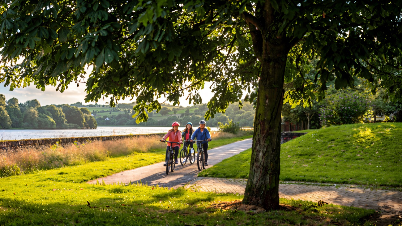Cyclists follow the greenway along the Foyle on a summer day