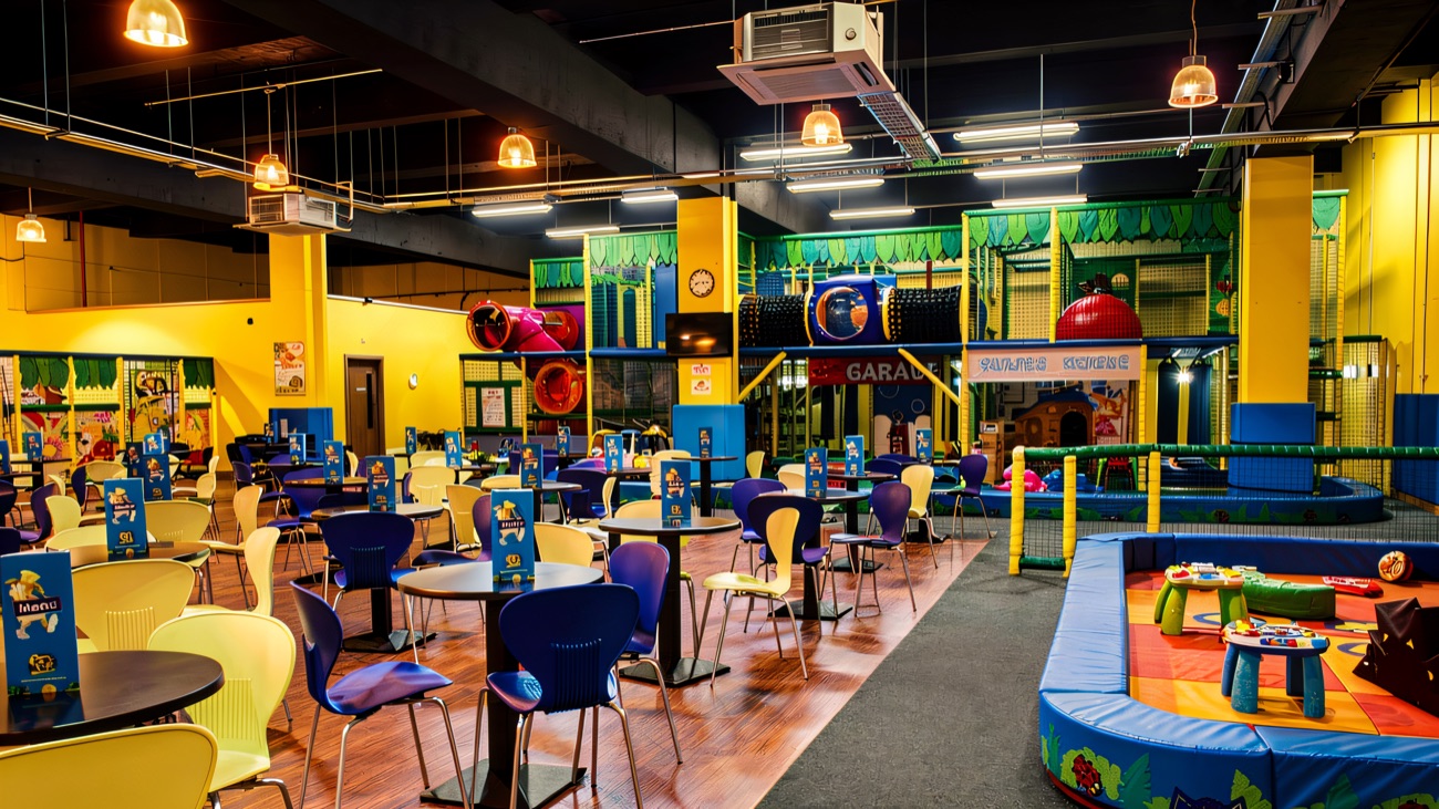 The main play centre and café seating, with the garage and playhouse area to the right
