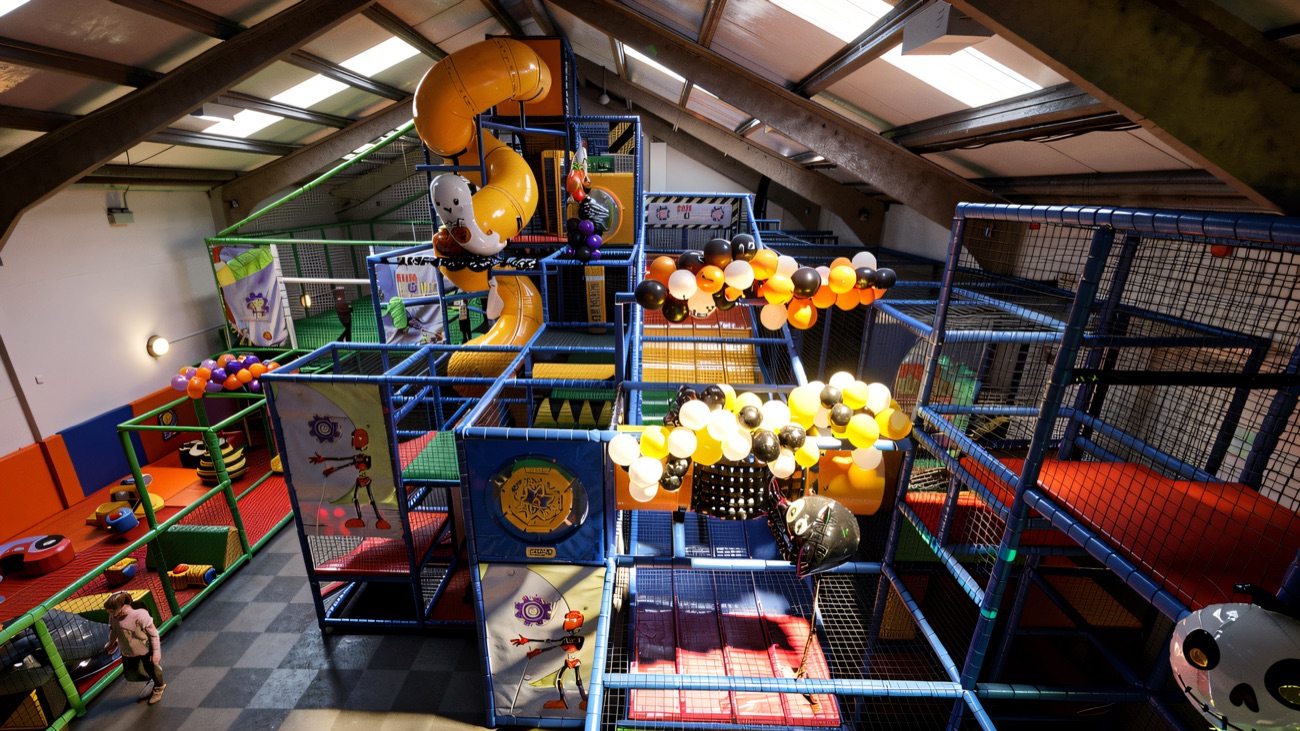 Wide view over the multi-level blue play frame under a pitched roof