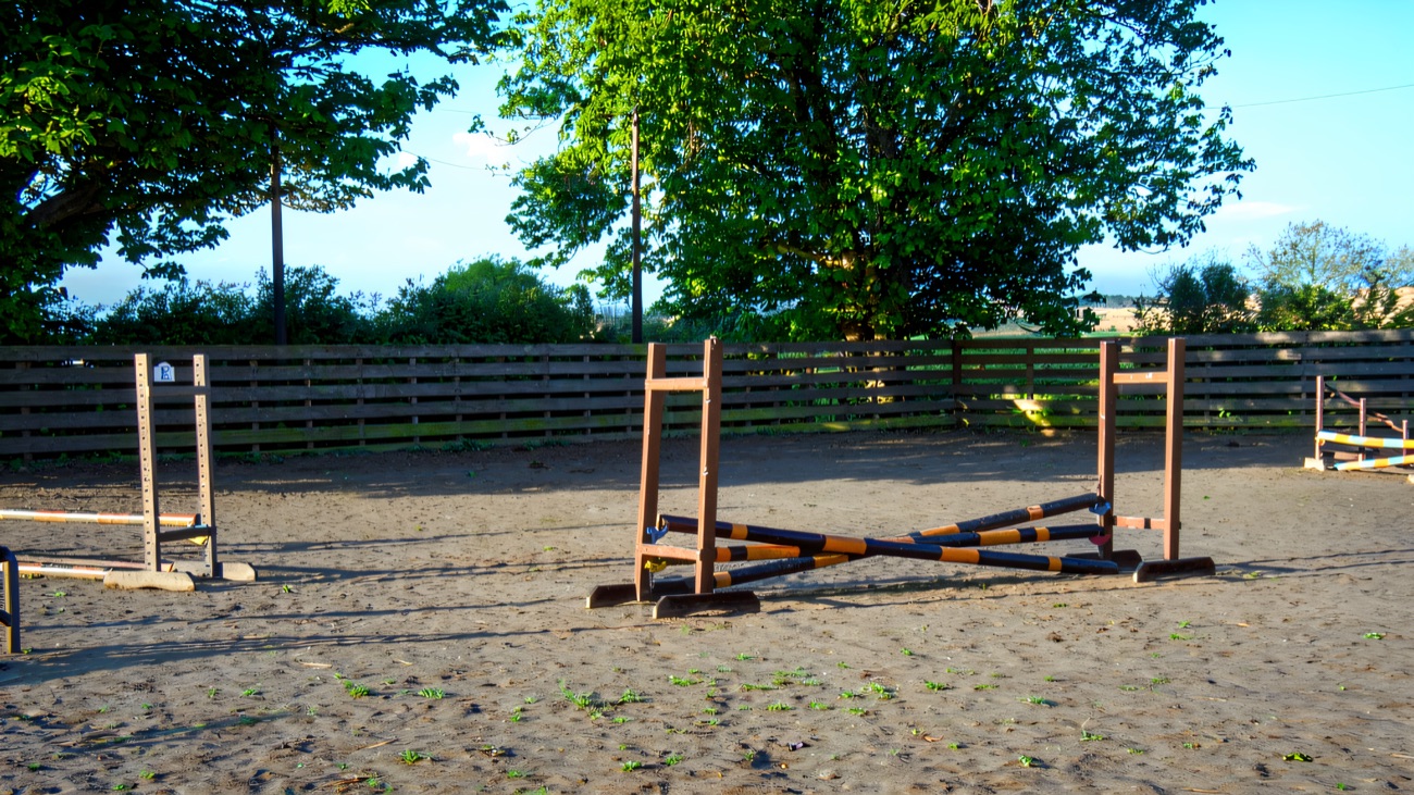 The outdoor sand arena set out with coloured jumps