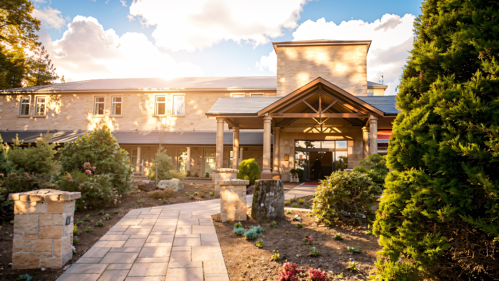 Glenavon House Hotel, a low stone building among trees on the banks of the Ballinderry River.